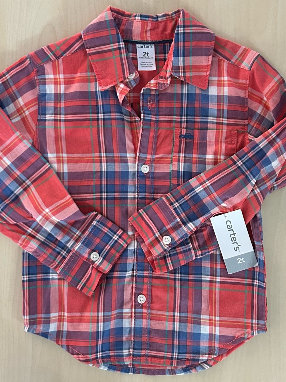 NWT Carter's Red Plaid Button-Down Shirt with Blue Accents